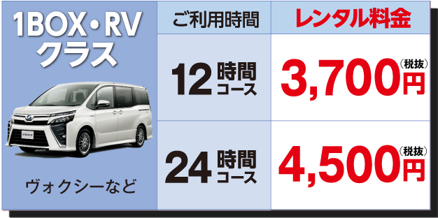 1BOX・RVクラス料金表